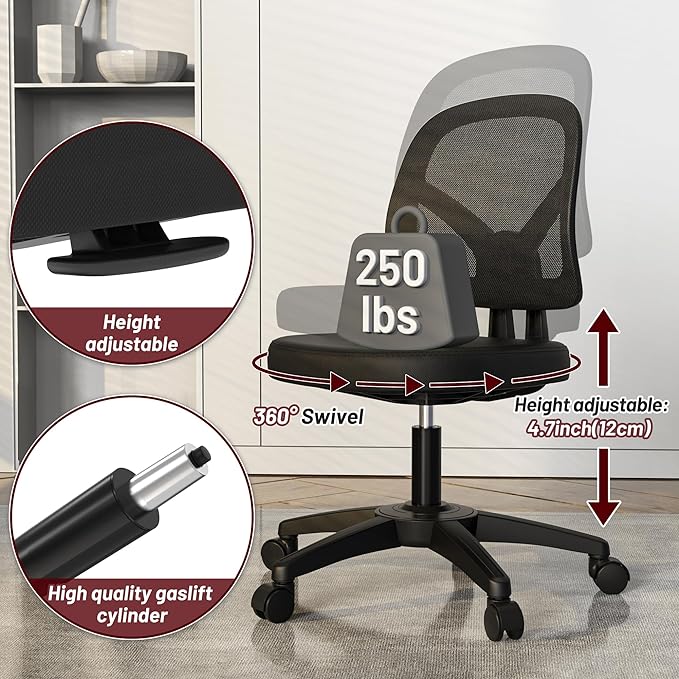 KOLLIEE Armless Mesh Office Chair Ergonomic Small Desk Chair No Arms Black Swivel Computer Chair with Wheels Task Chair for Small Spaces Mid Back Home Office Chair for Adults and Kids - LeafyLoom