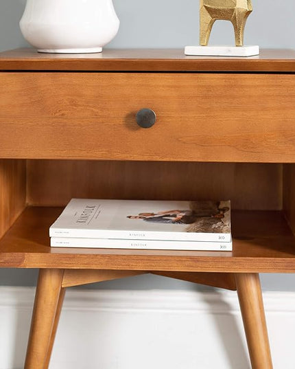 Walker Edison Mid Century Modern Wood Nightstand Side Table Bedroom Storage Drawer and Shelf Bedside End Table, 1 Drawer, Caramel - LeafyLoom