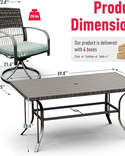 Pamapic 7 Piece Patio Dining Set for 6,Outdoor Wicker Furniture Set for Backyard Garden Deck Poolside with 6 Cushions Swivel Rocker Chairs,Iron Slats Table Top, Removable Cushions(Green) - LeafyLoom