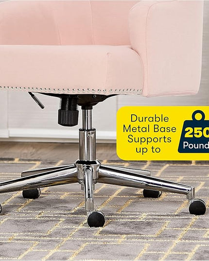 Serta Leighton Modern Office Chair, Stylish Mid-Back Desk Chair, Rivet Detail, Serta Quality Memory Foam, Armchair with Wheels, Vanity Chair, Swivel Chrome Metal Base, Twill Fabric, Blush Pink - LeafyLoom