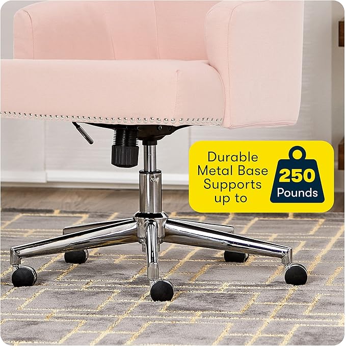 Serta Leighton Modern Office Chair, Stylish Mid-Back Desk Chair, Rivet Detail, Serta Quality Memory Foam, Armchair with Wheels, Vanity Chair, Swivel Chrome Metal Base, Twill Fabric, Blush Pink - LeafyLoom