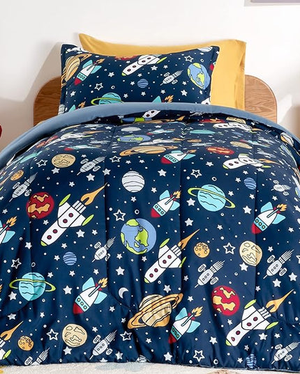 SLEEP ZONE Kids Bedding Comforter Set Full/Queen Size - Super Cute & Soft Kids Bedding 7 Pieces Set with Comforter, Sheet, Pillowcase & Sham (Rocket Galaxy) - LeafyLoom