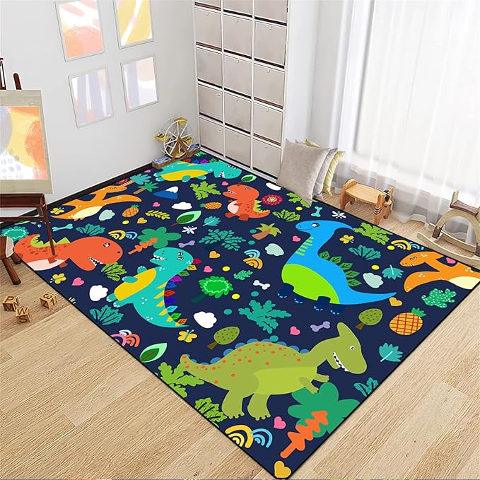 Dinosaur Rugs for Boys Bedroom Cute Dinosaur Area Rug and Leaves Print Dinosaur Rug Kids Rug Play Rug Dinosaur Carpets Cartoon Rug for Playroom Classroom,Blue 2'5''×4' - LeafyLoom
