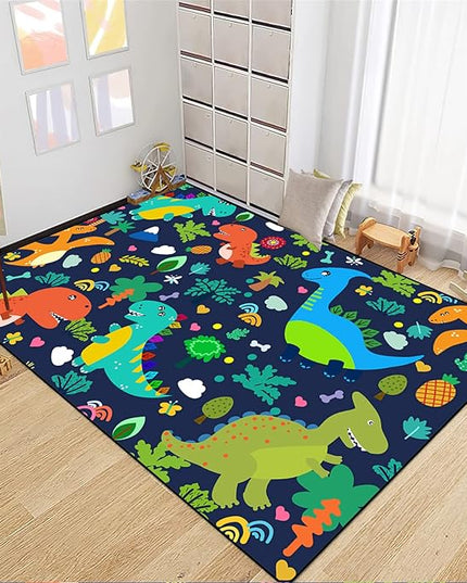 Dinosaur Rugs for Boys Bedroom Cute Dinosaur Area Rug and Leaves Print Dinosaur Rug Kids Rug Play Rug Dinosaur Carpets Cartoon Rug for Playroom Classroom,Blue 3'×5' - LeafyLoom