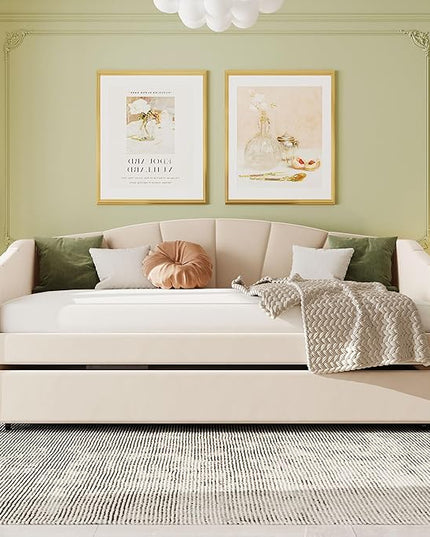 Twin Size Upholstered Daybed with Trundle, Wood Slat Support Sofa Bed with Armrest, No Box Spring Needed, Easy to Assemble, for Studio, Bedroom, Living, Guest Room, Beige - LeafyLoom