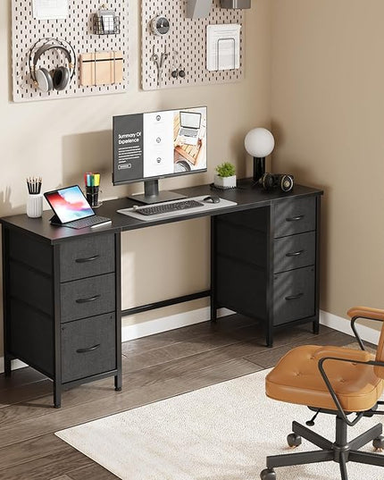 63'' Office Desk with 6 Fabric File Drawers - File Drawer Organization, Computer Work Desk, Study Writing Table, Home Office Workstation, Black - LeafyLoom