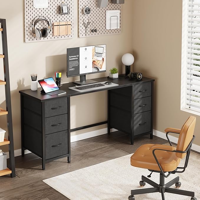 63'' Office Desk with 6 Fabric File Drawers - File Drawer Organization, Computer Work Desk, Study Writing Table, Home Office Workstation, Black - LeafyLoom