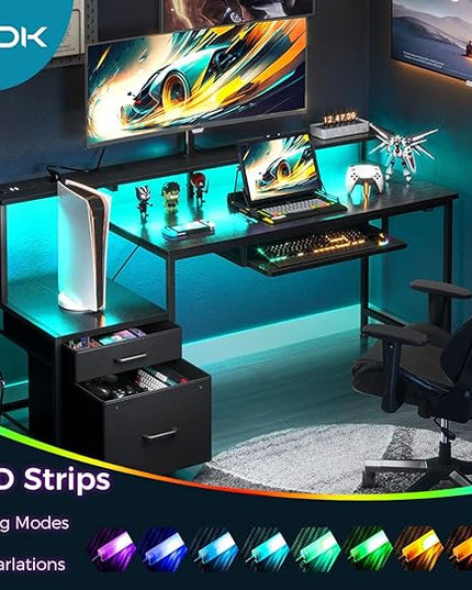AODK 55 Inch Gaming Desk with Power Outlets & LED Light, Reversible Computer Desk with File Cabinet and Fabric Drawer, Office Desk with Keyboard Tray, Table with Full Monitor Riser and PC Stand, Black - LeafyLoom