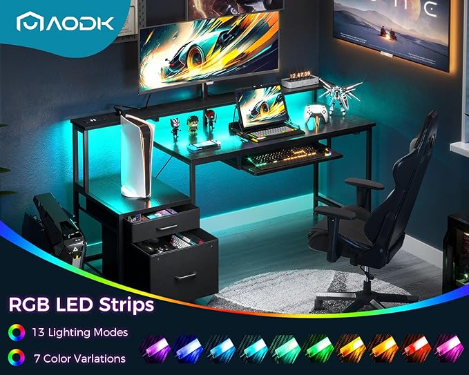 AODK 55 Inch Gaming Desk with Power Outlets & LED Light, Reversible Computer Desk with File Cabinet and Fabric Drawer, Office Desk with Keyboard Tray, Table with Full Monitor Riser and PC Stand, Black - LeafyLoom