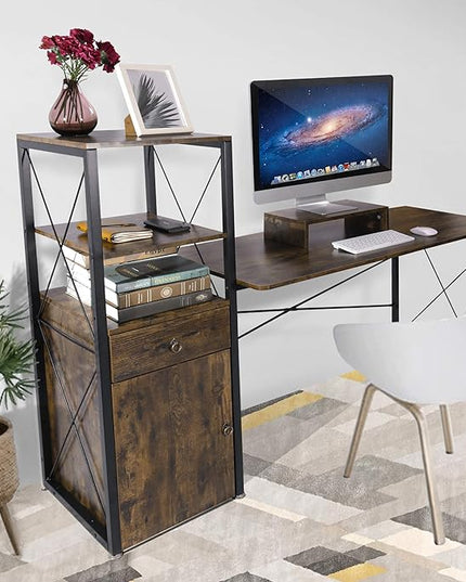 Becko US Computer Desk 63 Inch with Drawer & Storage Shelves, Home Office Desk with Removable Monitor Stand, Writing Gaming Table for Home Office (Rustic Brown) - LeafyLoom
