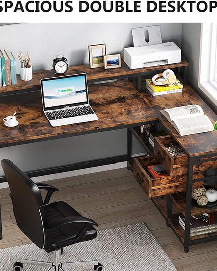 Reversible L-Shaped Computer Desk with hutch & Shelf,rustic - LeafyLoom