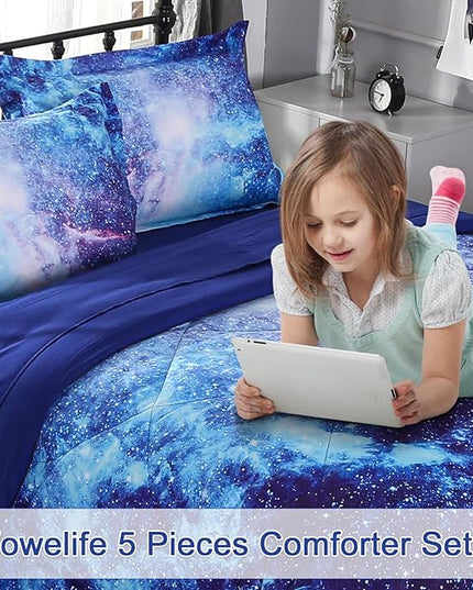 Wowelife Galaxy Bedding Twin Outer Space Comforter Set 5 Pieces Blue Cosmic Galaxy Bed Set Kids Bed in A Bag Twin for Teen Boys and Girls with Comforter, Flat Sheet, Fitted Sheet and 2 Pillowcases - LeafyLoom