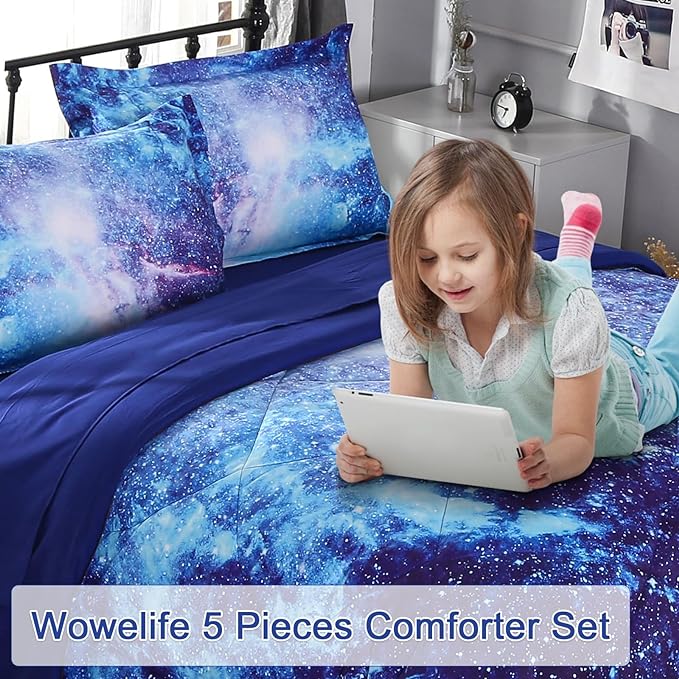 Wowelife Galaxy Bedding Sets for Girls and Boys 5-Piece Queen Size, Premium 3D Outer Space Galaxy Comforter Set Blue, Comfortable and Soft for Kids and Adults(Queen-5 Piece, Blue Galaxy) - LeafyLoom