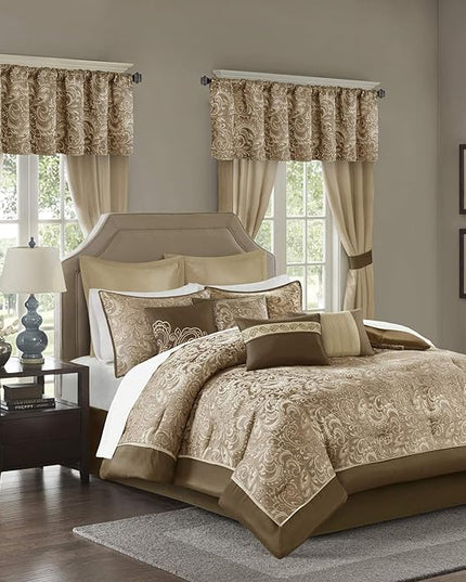 Madison Park Essentials Brystol 24 Piece Room in a Bag Faux Silk Comforter Jacquard Paisley Design Matching Curtains Down Alternative Hypoallergenic All Season Bedding-Set, King(104"x92"), Brown - LeafyLoom