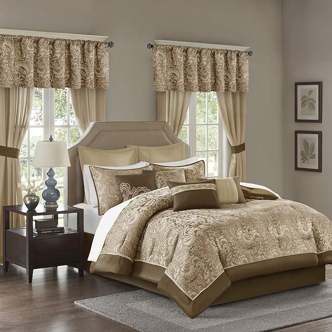 Madison Park Essentials Brystol 24 Piece Room in a Bag Faux Silk Comforter Jacquard Paisley Design Matching Curtains Down Alternative Hypoallergenic All Season Bedding-Set, King(104"x92"), Brown - LeafyLoom