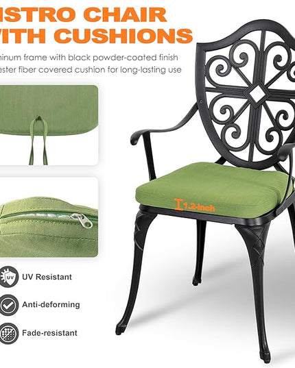 NUU GARDEN 3 Piece Outdoor Bistro Set Cast Aluminum Patio Set Bistro Table Set Rustproof Patio Table and Chairs with Umbrella Hole and Green Cushions for Backyard, Balcony, Porch, Black - LeafyLoom
