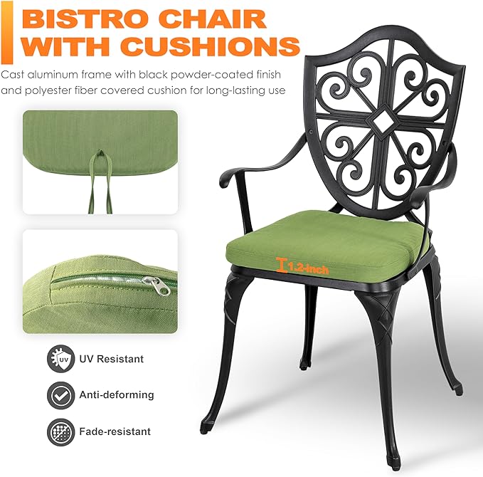 NUU GARDEN Bistro Set 3 Piece Outdoor, Cast Aluminum Patio Bistro Sets with Umbrella Hole and Green Cushions, Bistro Table and Chairs Set of 2 for Patio Backyard, Black - LeafyLoom