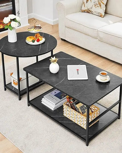 WOHOMO Coffee Table, Black Modern Coffee Tables for Living Room 2 in 1Detachable Small Center Table Set with Storage, Black Marble - LeafyLoom