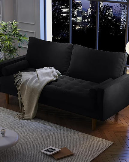 Velvet Furniture for Small Spaces, Mid-Century Modern Loveseats for Living Room, Love Seat Couch Sofas, 70 Inches, Black - LeafyLoom