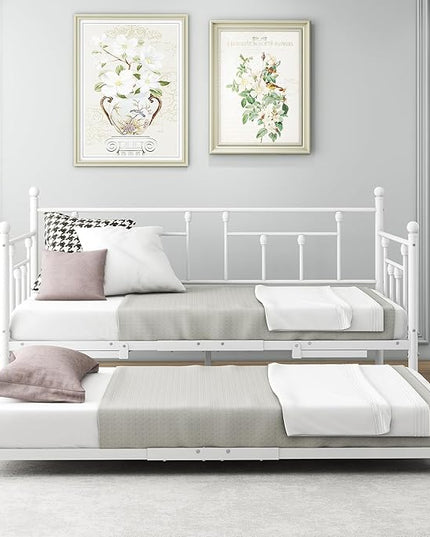 Twin Daybed with Trundle/Steel Slat Support/Space Saving Trundle Bed and Multi-Functional Furniture for Living Room and Guest Room, White - LeafyLoom