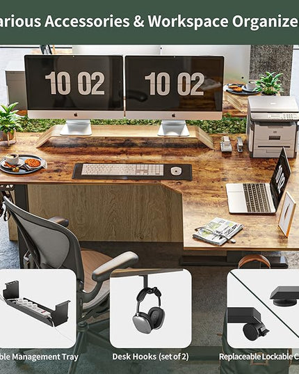 FEZIBO 75 Inches, Supports over 300mlbs, L Shaped Standing Desk Reversible, Electric Height Adjustable Corner Stand up Desk, Sit Stand Desk Computer Workstation, Black Frame/Rustic Brown Top - LeafyLoom