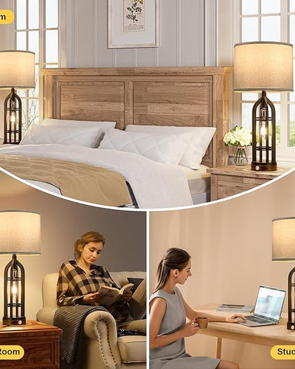 Table Lamp for Living Room - Grey Farmhouse Lamps for Night Stands with USB C+A, 3 Way Dimmable End Table Lamps Set of 2, Vintage Bedside Lamp for End Tables, Rustic Nightstand Lamps for Bedroom - LeafyLoom