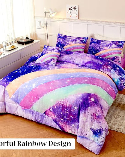 6Pcs Purple Rainbow Twin Size Bedding Set for Girls Gradient Glitter Kids Comforter Sets Tie Dye Girls Bed Set Sparkle Galaxy Bed in A Bag with Sheets - LeafyLoom