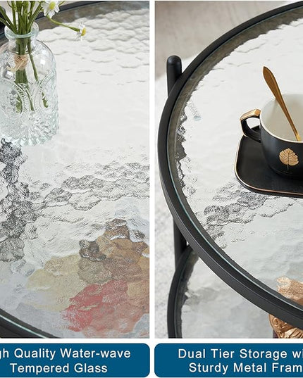 VINGLI 25.6" Small Matte Black Round Coffee Table Water-wave Glass Circle Clear Coffee Table, Center Table with 2-Tier Modern Storage Design for Living Room, Bedroom, Meeting Room, Balcony, Patio - LeafyLoom