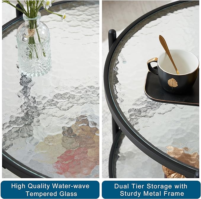 VINGLI 25.6" Small Matte Black Round Coffee Table Water-wave Glass Circle Clear Coffee Table, Center Table with 2-Tier Modern Storage Design for Living Room, Bedroom, Meeting Room, Balcony, Patio - LeafyLoom