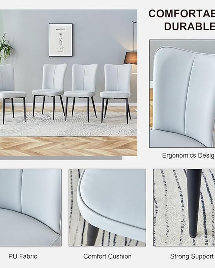 Modern Dining Chairs Set of 2, PU Leather Seat Cushions Light Gray Dining Room Chair, with Black Metal Legs Kitchen Chair for Home Living Room, Restaurant, Light Gray Chair Black Legs - LeafyLoom