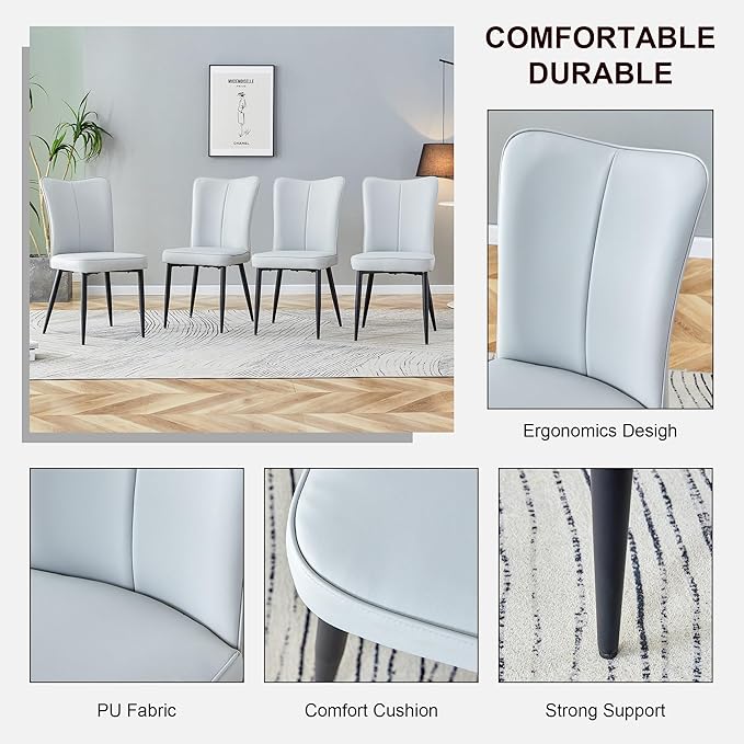Modern Dining Chairs Set of 4, PU Leather Seat Cushions Light Gray Dining Room Chair, with Black Metal Legs Kitchen Chair for Home Living Room, Restaurant, Light Gray Chair Black Legs - LeafyLoom
