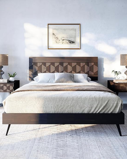 Bme Georgina 45 Inch Solid Wood TV Stand & Signature Queen Bed Frame with Handcrafted Geometric Headboard, Walnut - LeafyLoom