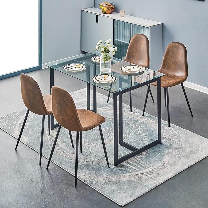 FurnitureR 47" Modern Rectangular Dining Table with Spacious Tempered Glass Tabletop & Black Legs Elegant for Home Kitchen Restaurant - LeafyLoom