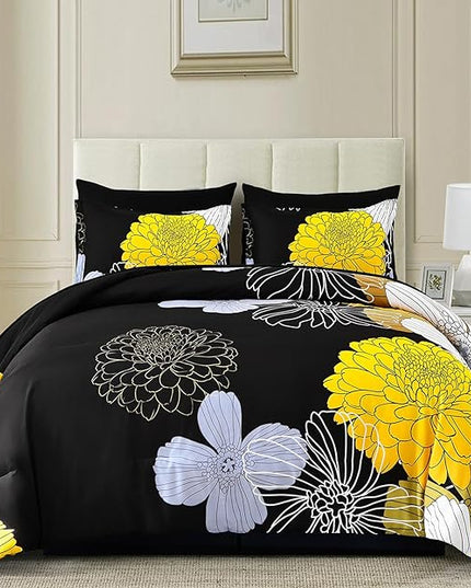 Bed in a Bag Queen Yellow Black Comforter Set 7 Pieces Soft Microfiber Floral Bedding Set with 1 Comforter 1 Flat Sheet 1 Fitted Sheet 2 Pillowshams 2 Pillowcases - LeafyLoom