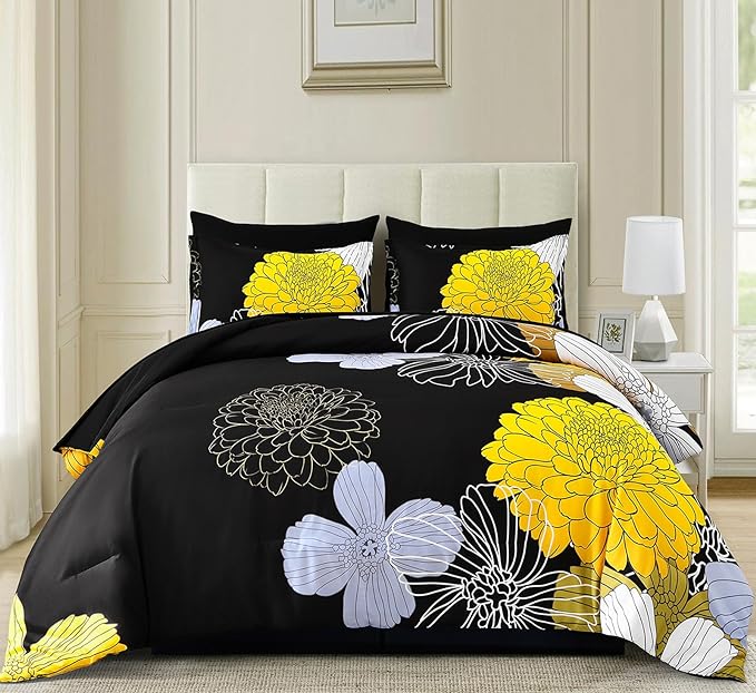Bed in a Bag Queen Yellow Black Comforter Set 7 Pieces Soft Microfiber Floral Bedding Set with 1 Comforter 1 Flat Sheet 1 Fitted Sheet 2 Pillowshams 2 Pillowcases - LeafyLoom