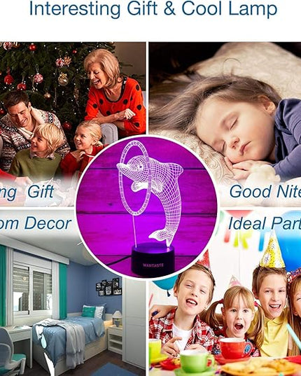Dolphin 3D Lamp Gifts for Boys Girls Room, Night Light Toys Bedside Decor Gifts for Kids Baby, 7 Colors Changing Nightlight with Smart Control - LeafyLoom