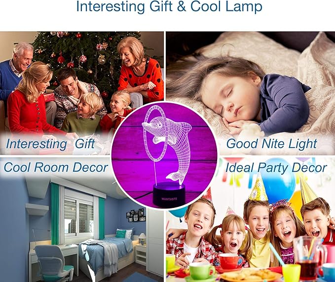 Dolphin 3D Lamp Gifts for Boys Girls Room, Night Light Toys Bedside Decor Gifts for Kids Baby, 7 Colors Changing Nightlight with Smart Control - LeafyLoom