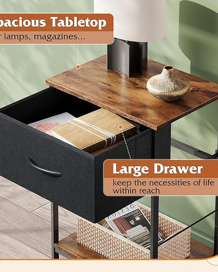 WLIVE Nightstand, End Table with Fabric Storage Drawer and Open Wood Shelf, Bedside Furniture with Steel Frame, Side Table for Bedroom, Dorm, Easy Assembly, Black and Rustic Brown, 24.9" Height - LeafyLoom