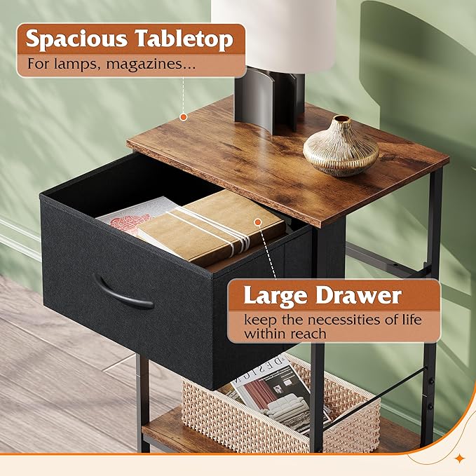 WLIVE Nightstand, End Table with Fabric Storage Drawer and Open Wood Shelf, Bedside Furniture with Steel Frame, Side Table for Bedroom, Dorm, Easy Assembly, Black and Rustic Brown, 24.9" Height - LeafyLoom