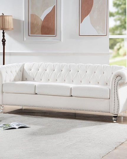 3-Seaters Living Room Clasic Chesterfield Sofa Couch Button Tufted PU Leather Upholstered Sofa&Couch with Luxury Roller Armrest Crystal Legs Movable Cushions & Nailhead Decor - LeafyLoom