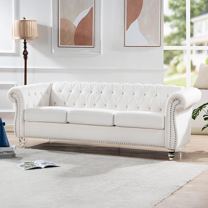 3-Seaters Living Room Clasic Chesterfield Sofa Couch Button Tufted PU Leather Upholstered Sofa&Couch with Luxury Roller Armrest Crystal Legs Movable Cushions & Nailhead Decor - LeafyLoom