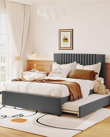 Full Size Linen Upholstered Platform Bed with 2 Drawers and Twin Size Trundle,Solid Wood Bed Frame w/Classic Headboard Design,for Bedroom,Apartment,Living Room,Gray - LeafyLoom