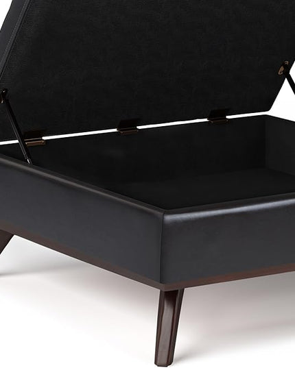 SIMPLIHOME Owen 36 Inch Wide Mid Century Modern Square Coffee Table Lift Top Storage Ottoman in Upholstered Tanners Brown Faux Leather, For the Living Room - LeafyLoom
