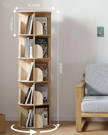 Rotating Bookshelf Tower, 5 Tier 360 Display Spinning Bookshelf, Solid Wood Narrow Book Shelf Organizer for Kid Adult, Corner Floor Standing Bookcase for Bedroom, Living Room, Study Room, Small Space - LeafyLoom