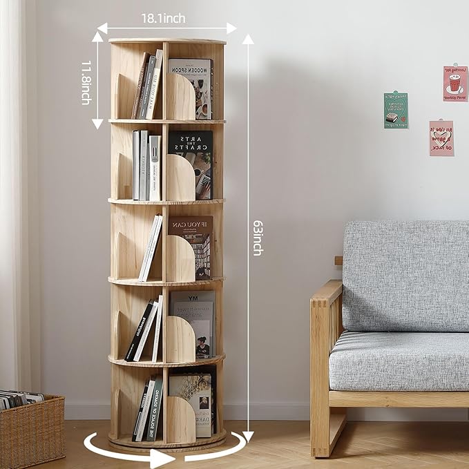 Rotating Bookshelf Tower, 5 Tier 360 Display Spinning Bookshelf, Solid Wood Narrow Book Shelf Organizer for Kid Adult, Corner Floor Standing Bookcase for Bedroom, Living Room, Study Room, Small Space - LeafyLoom