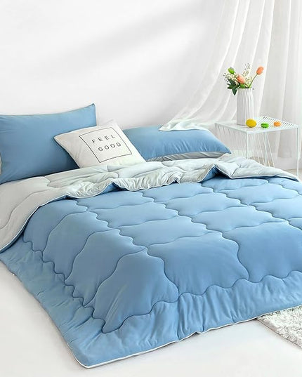 COTTEBED Reversible Blue and Light Gray Bed Comforter Queen Sets, Jersey Knit T-Shirt Feel Ultra-Soft Lightweight Breathable Cozy Bedding Down Quilt Blanket & 2 Pillowsham All Season Use (Full/Queen) - LeafyLoom