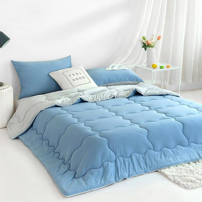 COTTEBED Reversible Blue and Light Gray Bed Comforter Queen Sets, Jersey Knit T-Shirt Feel Ultra-Soft Lightweight Breathable Cozy Bedding Down Quilt Blanket & 2 Pillowsham All Season Use (Full/Queen) - LeafyLoom