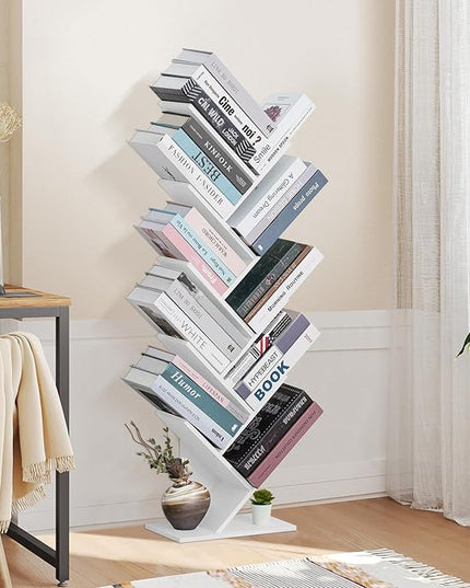 10 Tier Tree Book Shelf, Floor Standing Wood Bookshelf for Narrow Space, Storage Organizer Bookshelves for Books/CDs/Magazine, Bookcase with Shelves for Home Office, Living Room - White - LeafyLoom