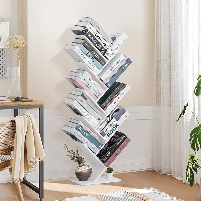 10 Tier Tree Book Shelf, Floor Standing Wood Bookshelf for Narrow Space, Storage Organizer Bookshelves for Books/CDs/Magazine, Bookcase with Shelves for Home Office, Living Room - White - LeafyLoom