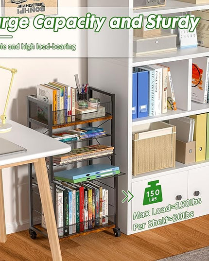 Heyexiha 5 Tier Book Shelf with Sliding Trays, Metal & Wooden Bookcase, Durable Rolling Book Cart, Book Shelf with Wheels, Small Book Shelf Storage Bookcase for Living Room, Bedroom, and Home Office - LeafyLoom